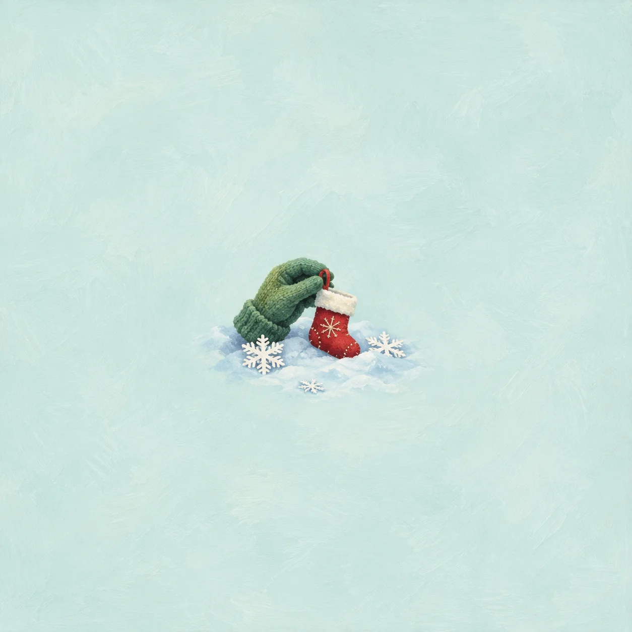 A green knitted glove holding a small red stocking on a pale blue snowdrift with paper snowflakes.