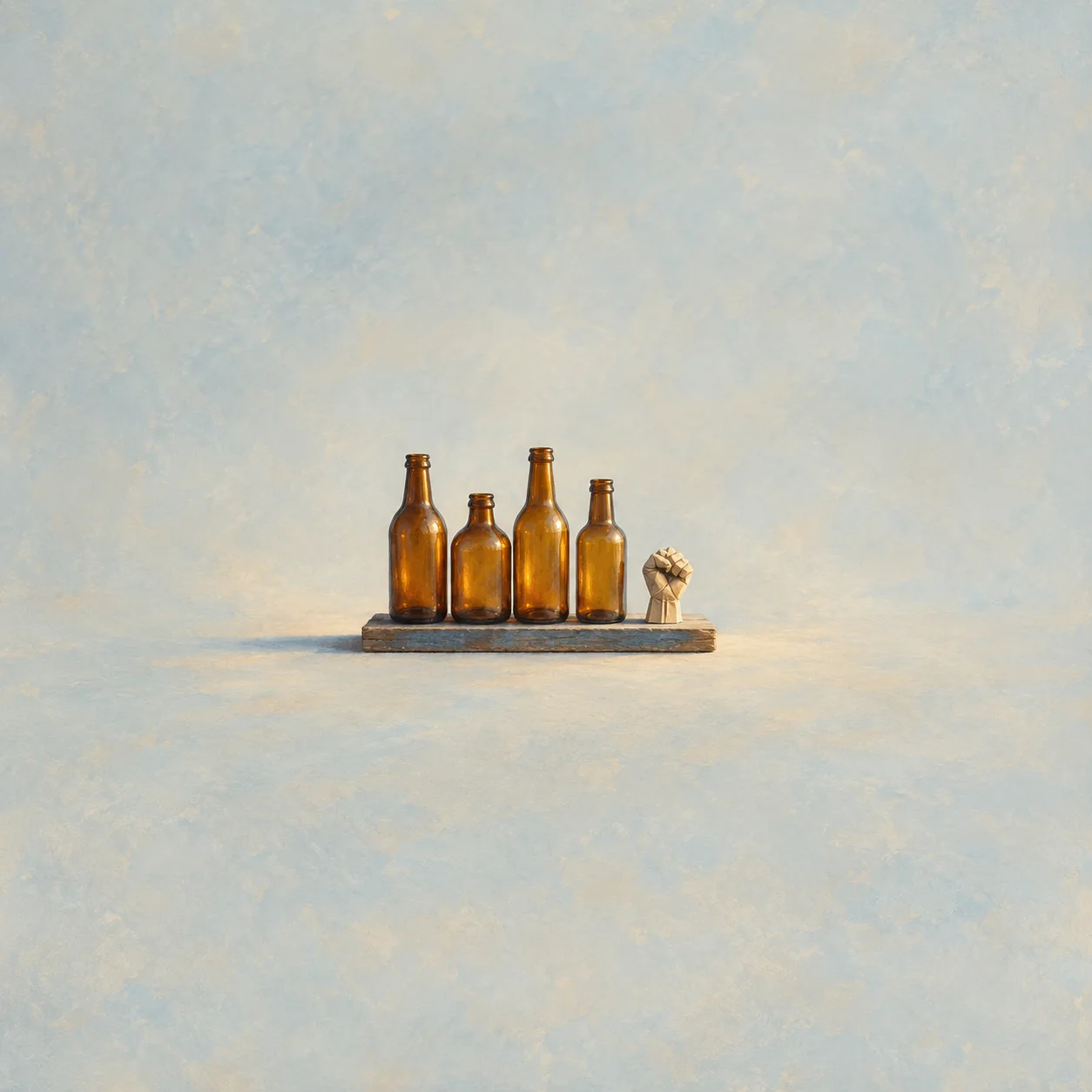Four amber bottles stand on a small plank beside a clenched paper fist.