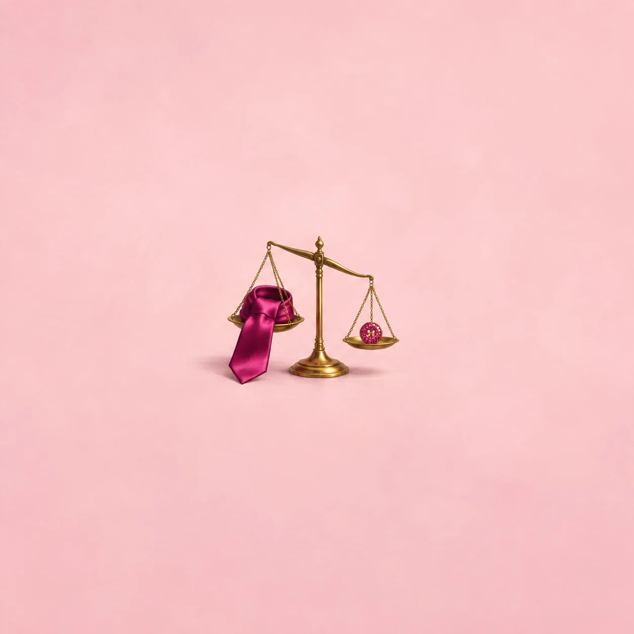 A brass balance scale holding a draped magenta tie on one pan and a small pink button on the other, against a pink background.