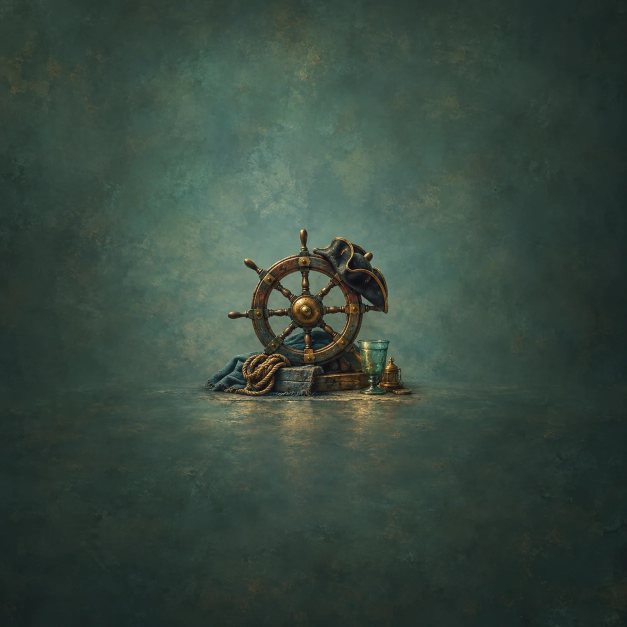Painterly ship wheel with a dark tricorn hat, coiled rope and green glass against teal.