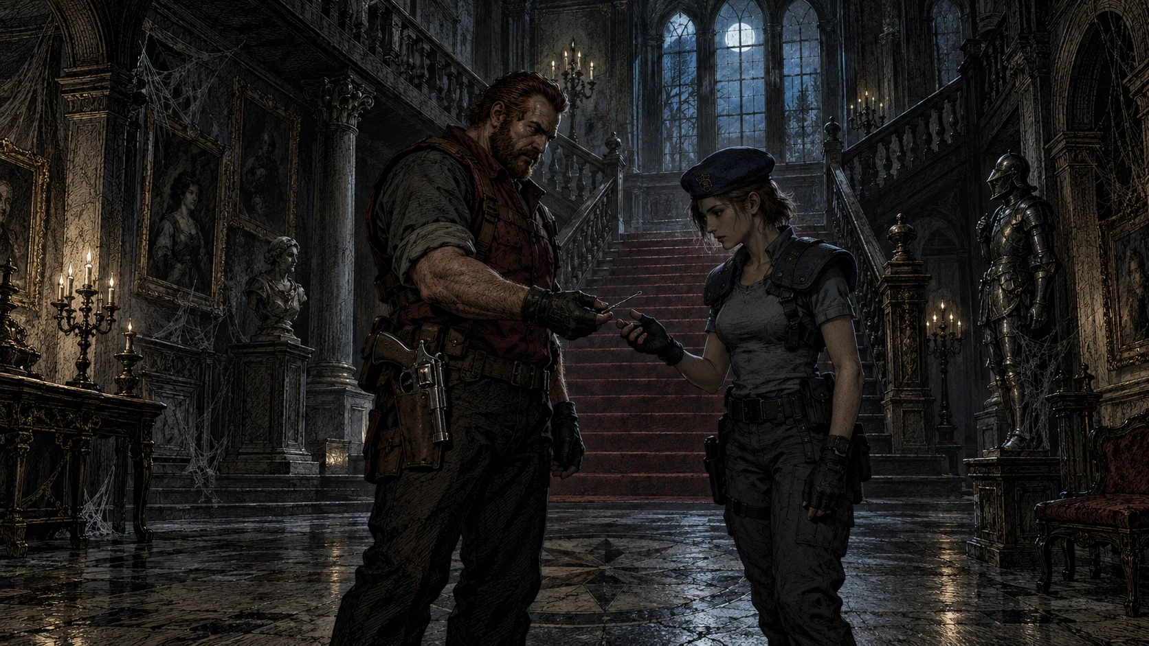 In the moonlit main hall of a gothic mansion, bearded Barry Burton in a vest and shoulder holster hands a small lockpick to Jill Valentine in a blue beret and tactical vest.