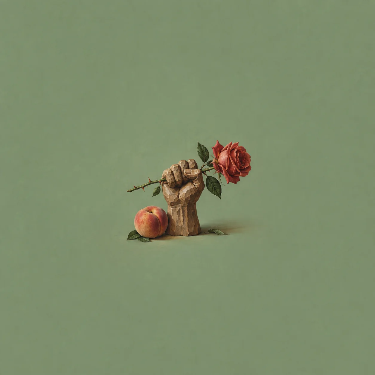 A carved wooden hand gripping a thorny rose stem, with a ripe peach lying next to it on a sage green surface.