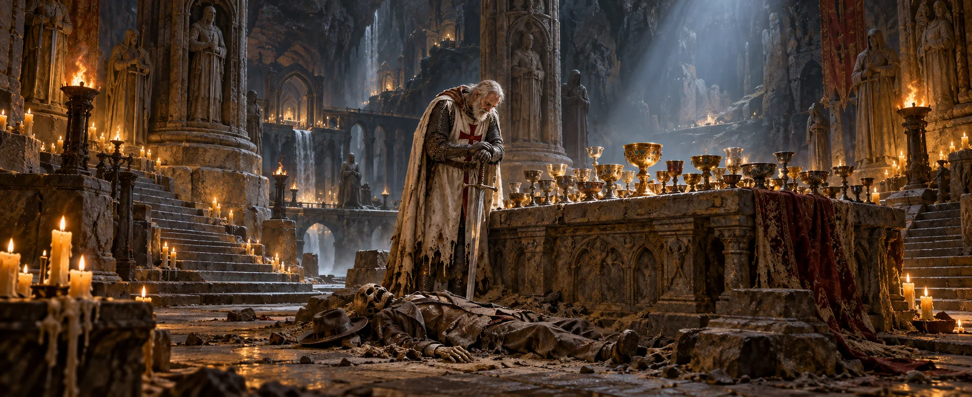 An ancient knight in a white surcoat with a red cross leans on his sword beside an altar crowded with cups, a crumbled skeleton at his feet.