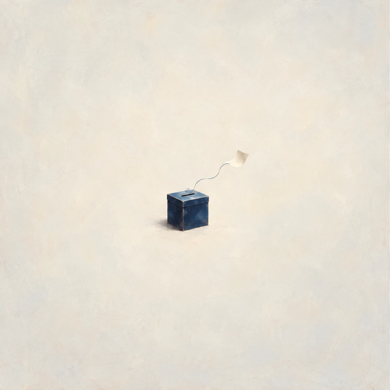 A navy blue ballot box with a single paper slip drifting away from it on a thread.