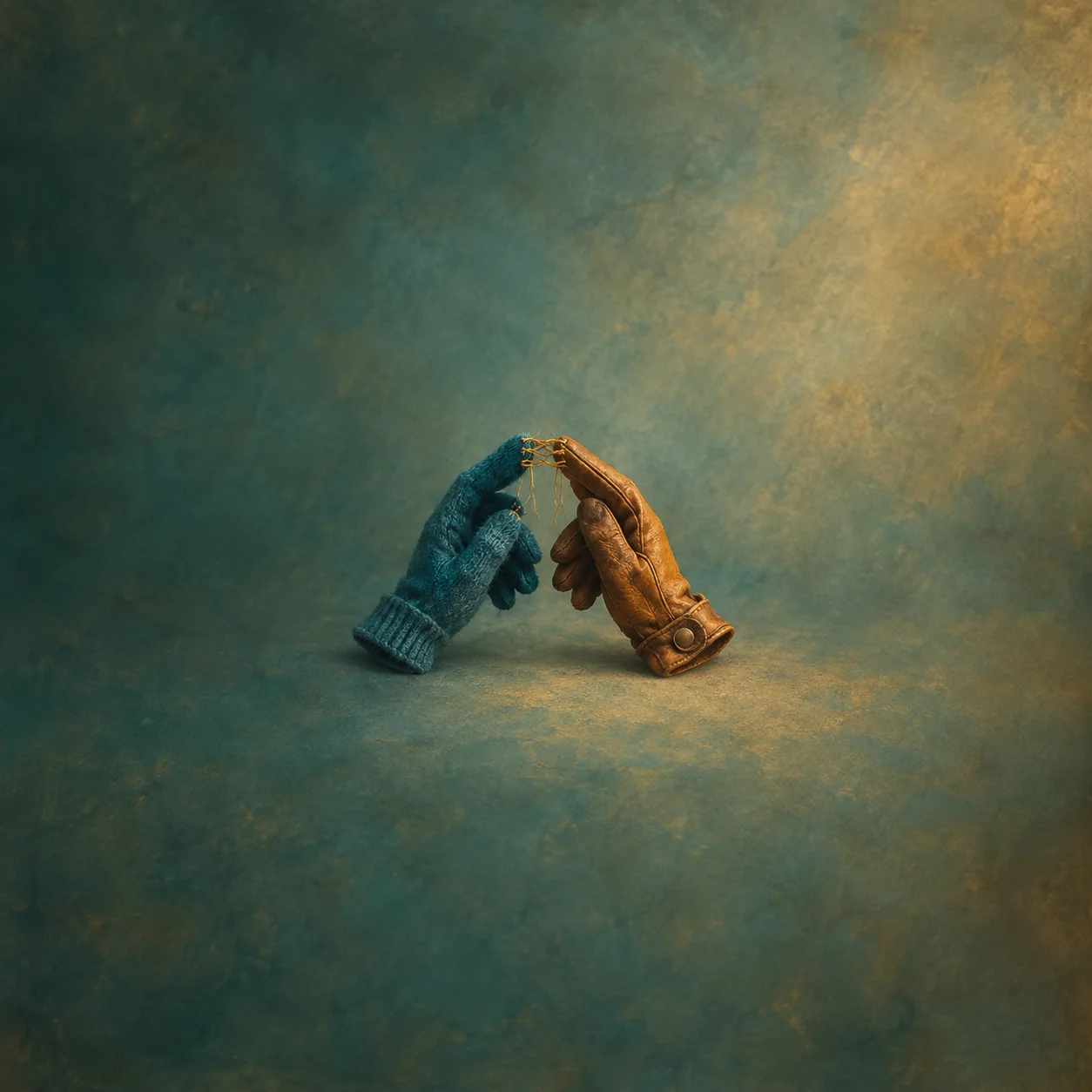 Painterly teal knitted glove and brown leather glove touching fingertips against teal and gold.