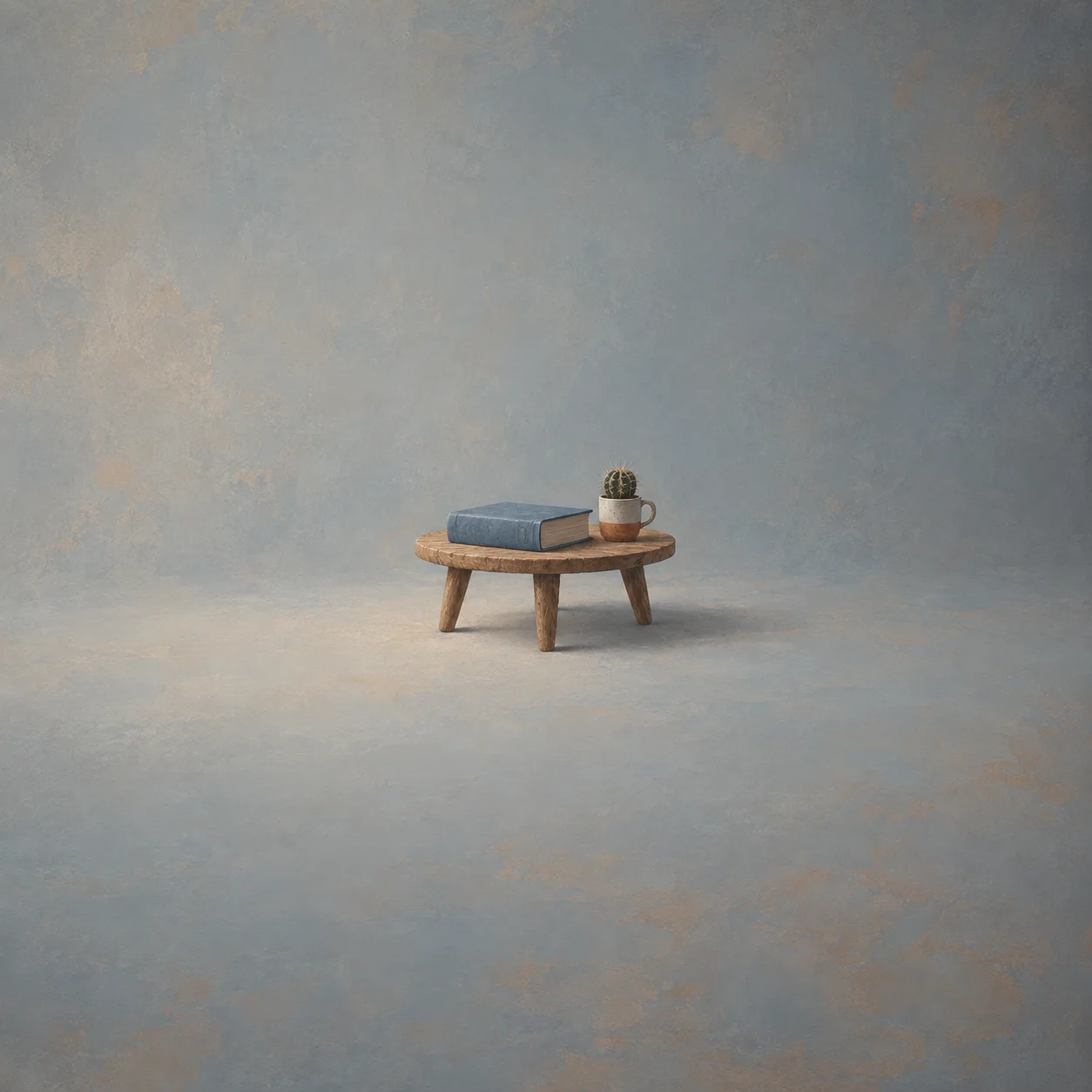 A small round wooden table holds a blue rectangular object and a cactus in a white mug.