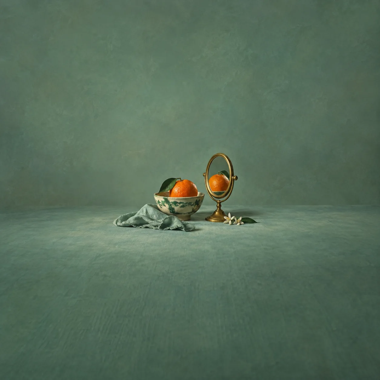 An orange in a patterned bowl beside a small brass mirror reflecting it, on sea-green cloth.