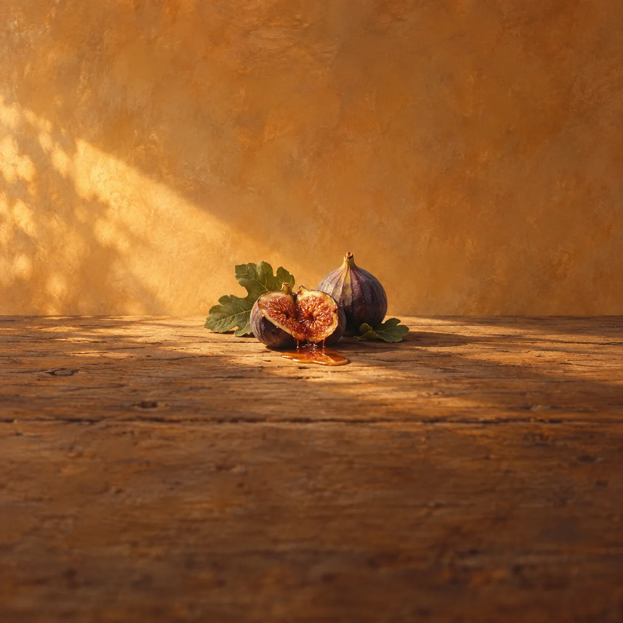 A cut fig drips juice beside a whole purple fig and green leaves on a sunlit wooden table.