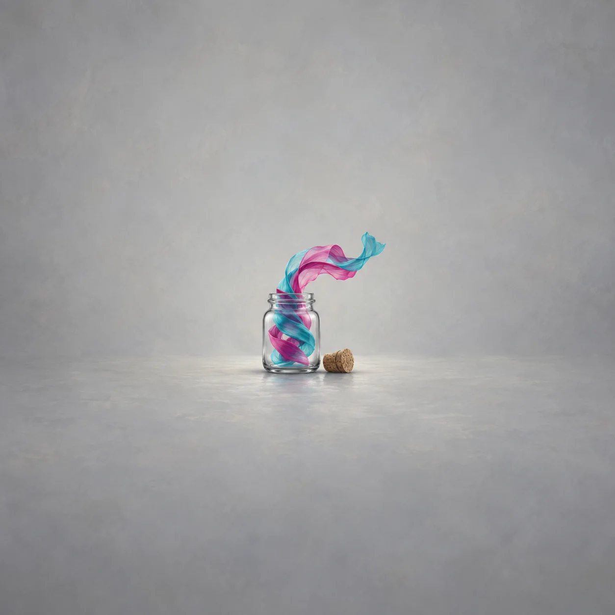Magenta and turquoise ribbons curl from a clear glass jar beside a cork on grey.