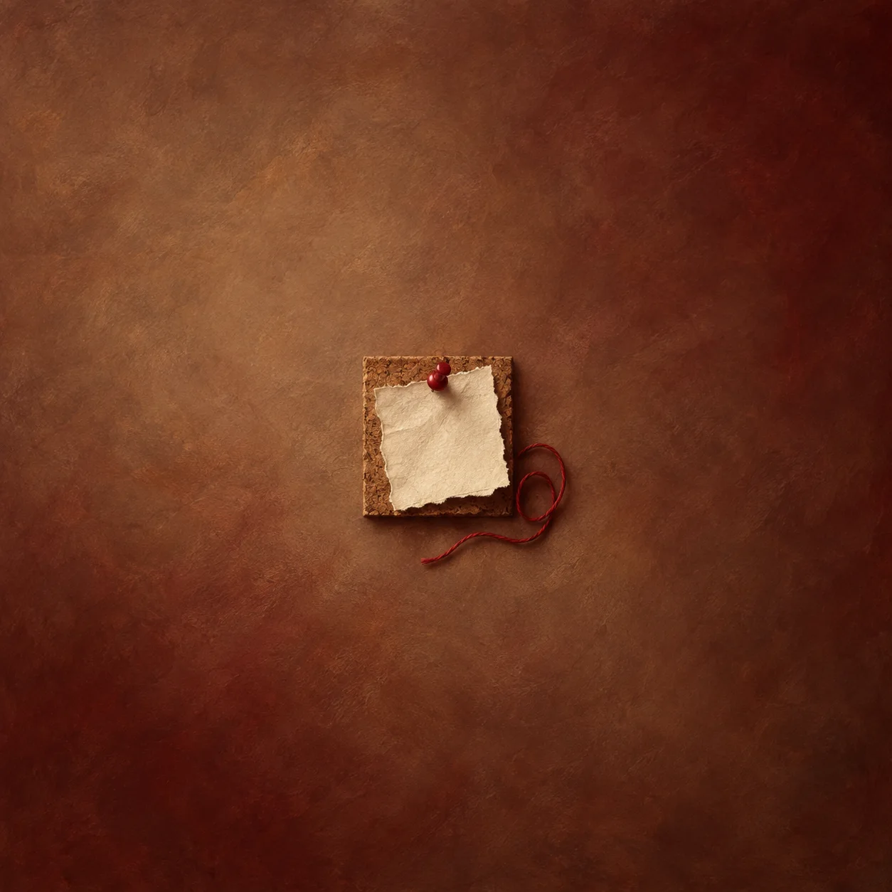 A torn blank sheet is pinned to a small corkboard beside a loose red ribbon against a warm rust-colored background.