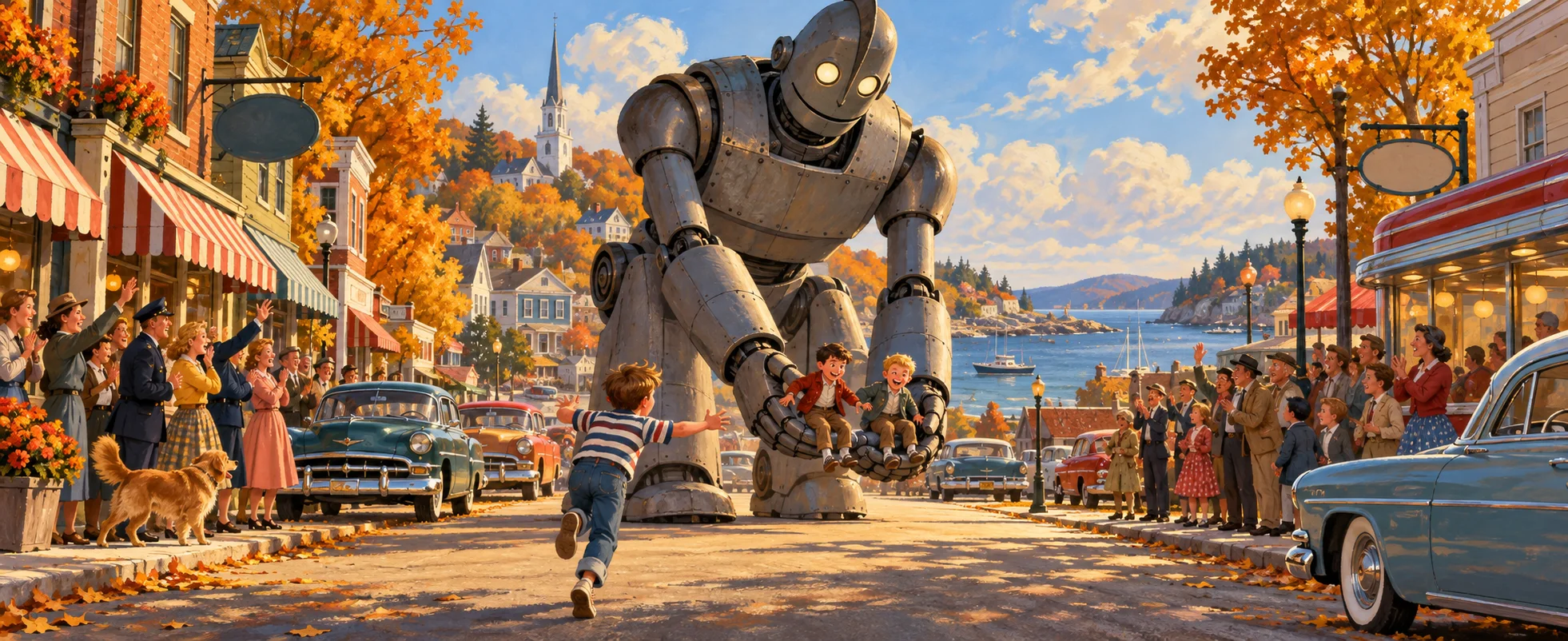 A friendly giant robot sets two boys down on a 1950s town's main street as townspeople cheer and a boy runs toward him.