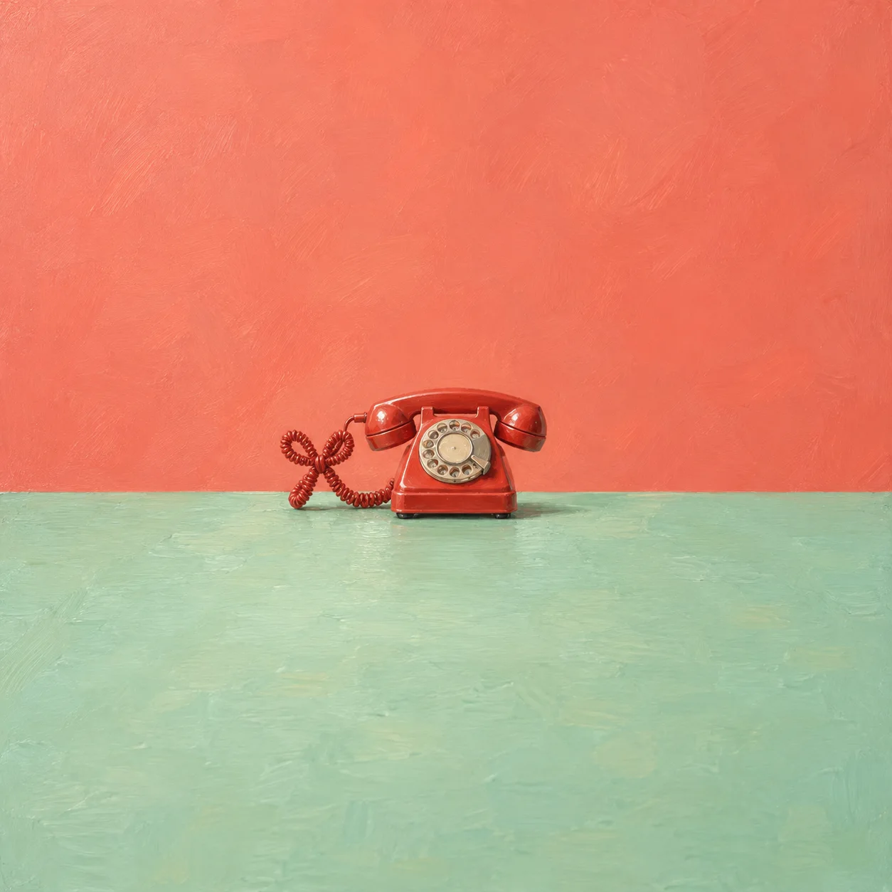 A small painted rotary telephone with its cord tied in a bow on a mint-green surface against a coral background.