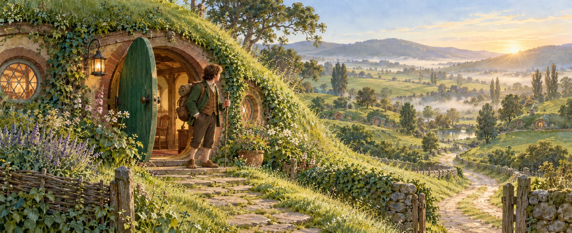 A young hobbit with a pack and walking stick steps out of a round green door in a grassy hillside, a winding road leading into a sunlit valley.