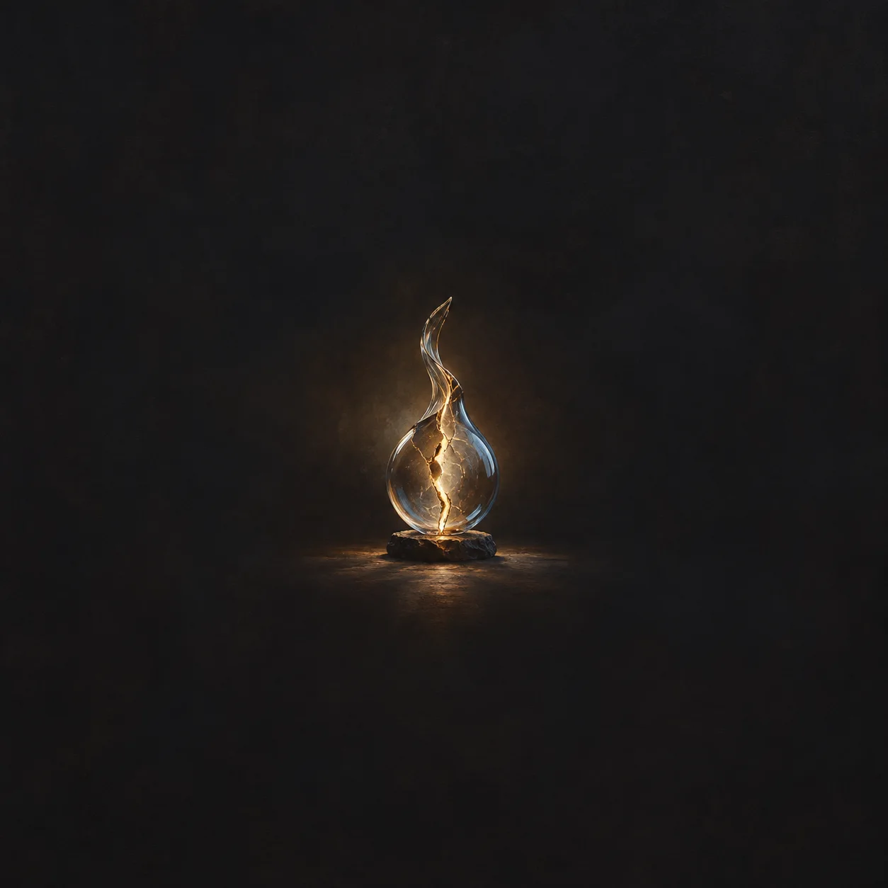 A slender curved glass sculpture glows along a central crack against a dark background.