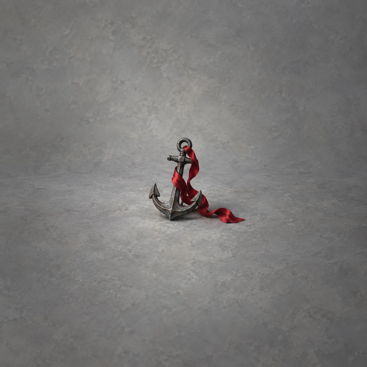 A small dark metal anchor is loosely wrapped in a red ribbon on a plain gray surface.