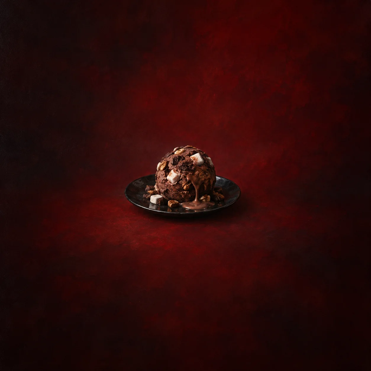 Painterly scoop of chocolate ice cream with pale chunks melting on a black plate.