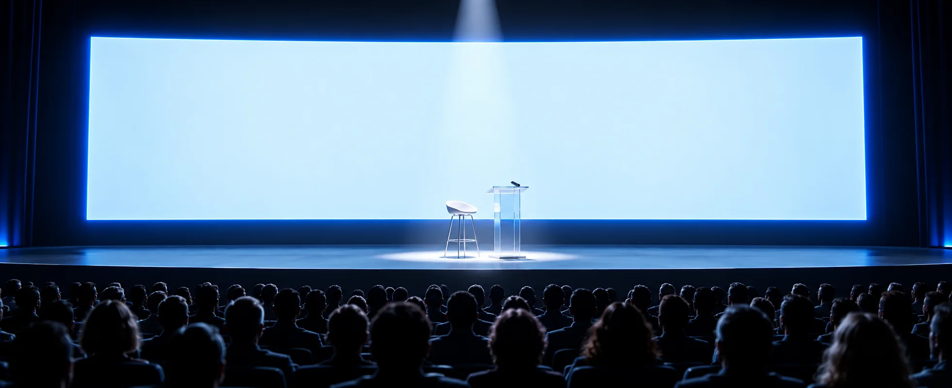 A single stool and a glass lectern stand in a spotlight on a dark stage before a huge blank glowing screen and a silhouetted audience.