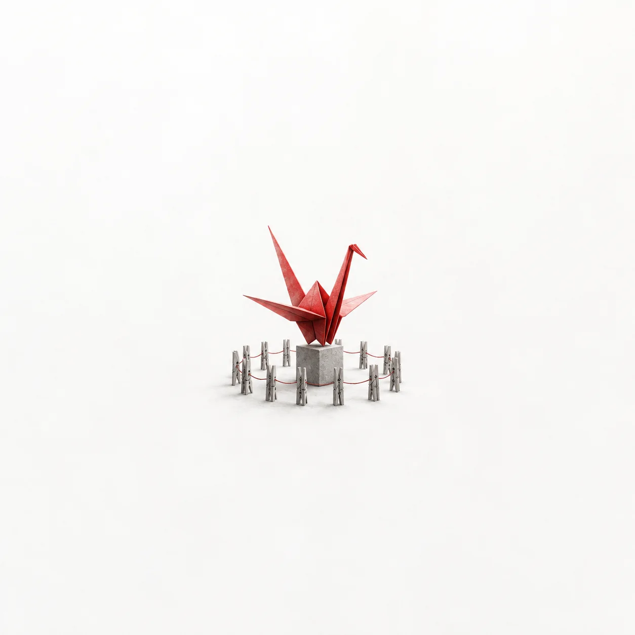 A red paper crane on a pedestal surrounded by gray clothespins linked with red cord against a white background.