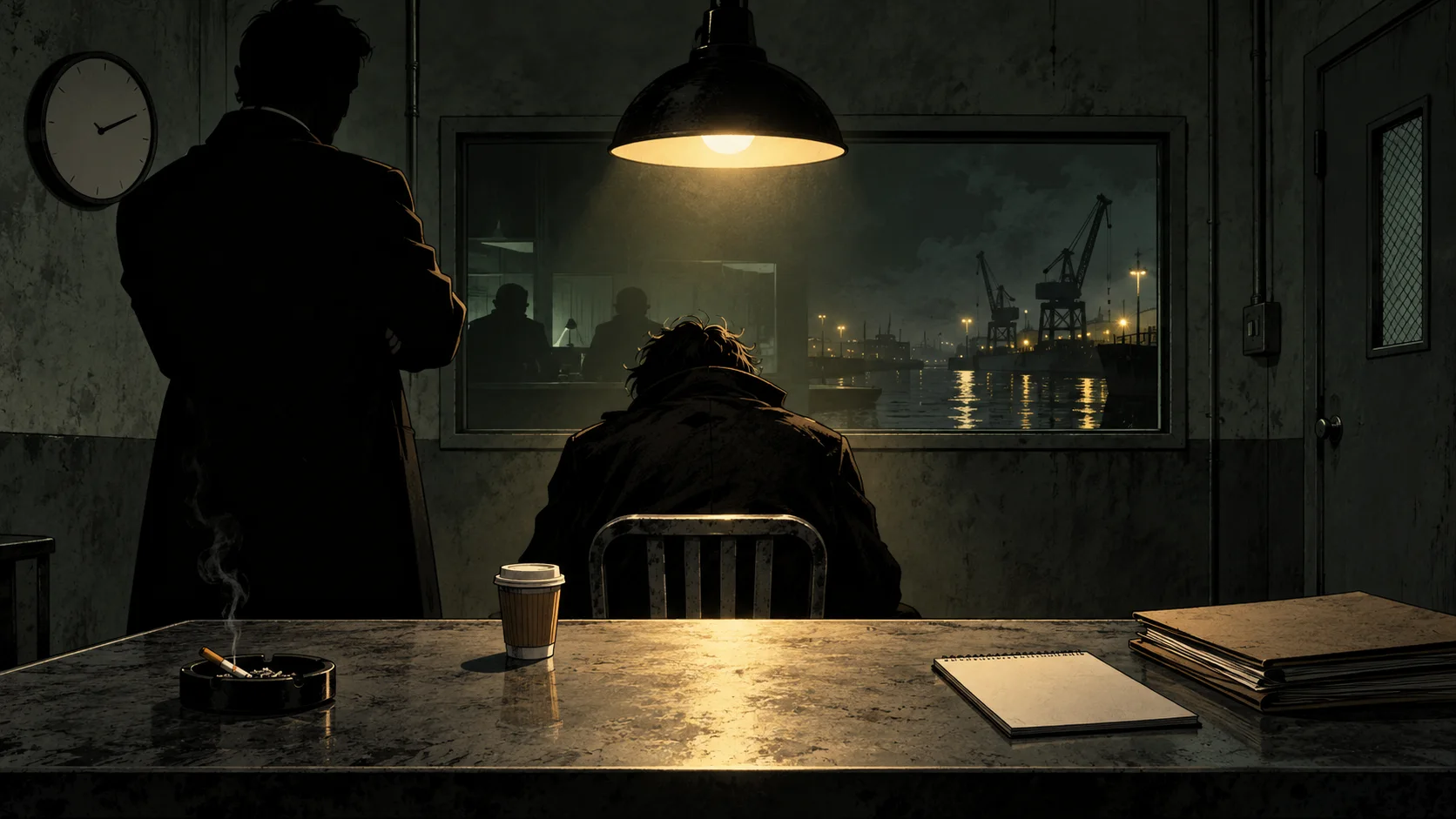 In a bare interrogation room lit by one hanging lamp, a hunched man sits at a metal table while a detective stands over him in shadow.