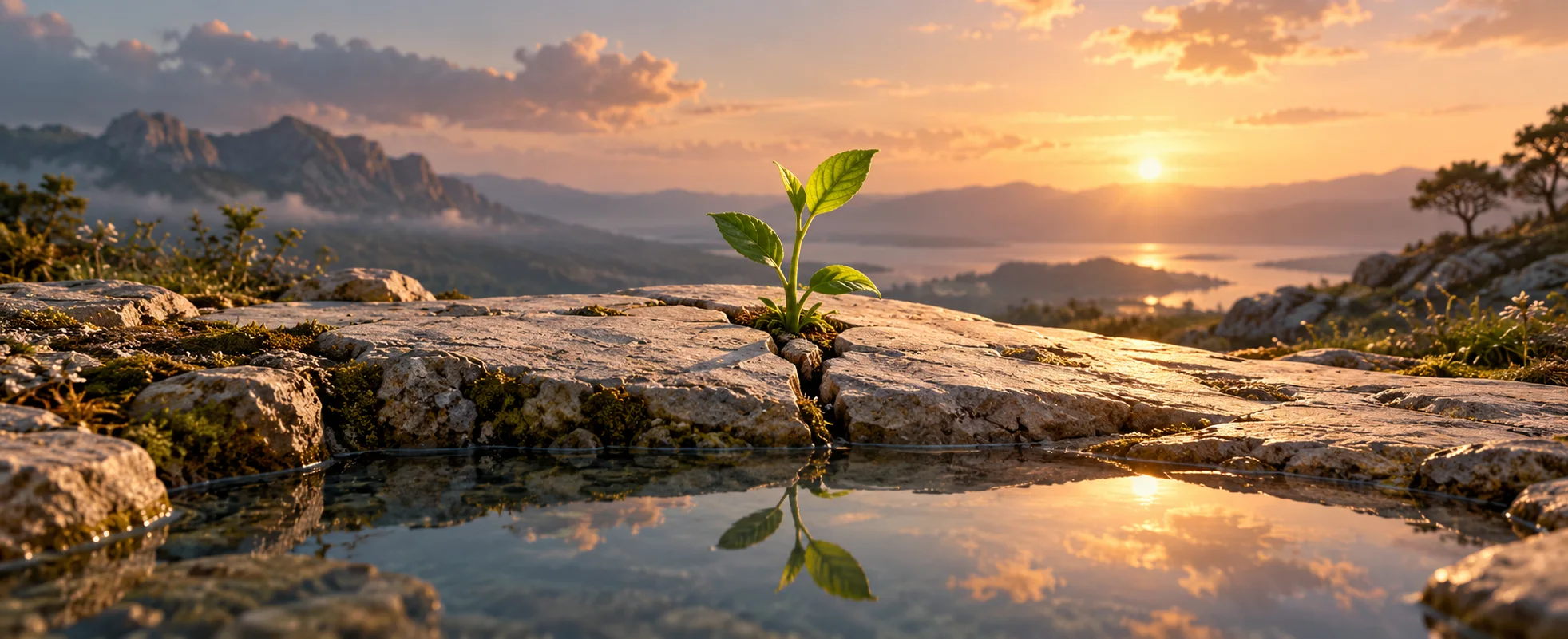 A small green shoot grows through a crack in a pale stone slab beside a still pool.