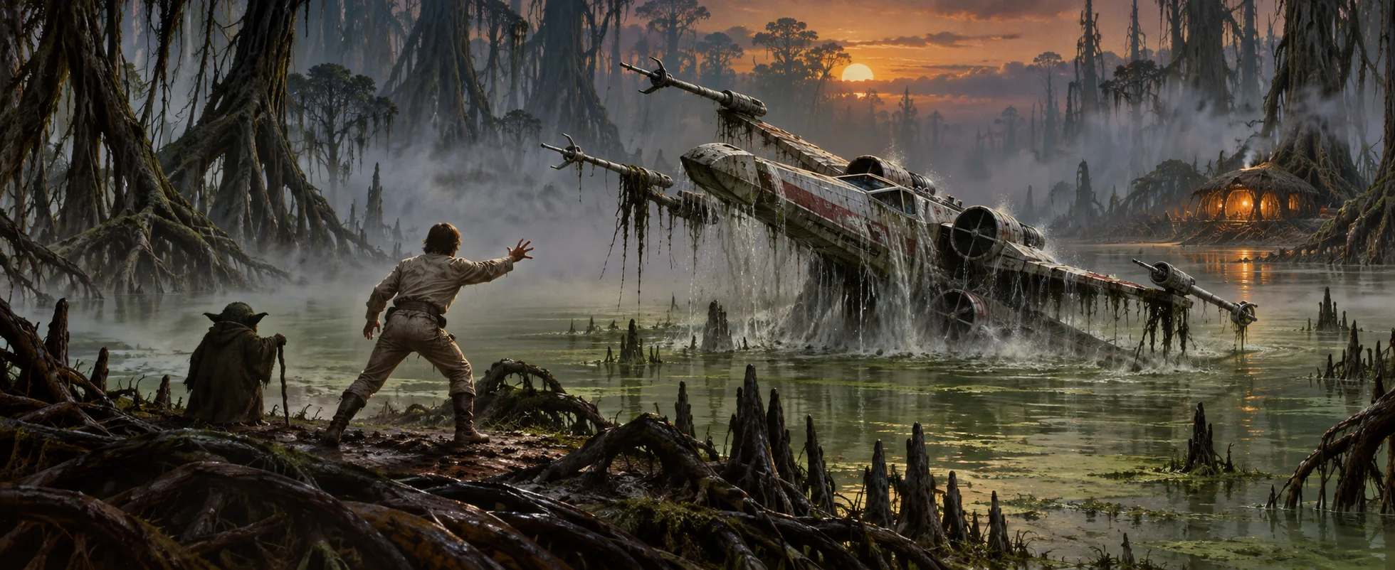 A white starfighter rises dripping from a misty swamp as a young man strains with an outstretched hand, a tiny hooded figure with a stick beside him.