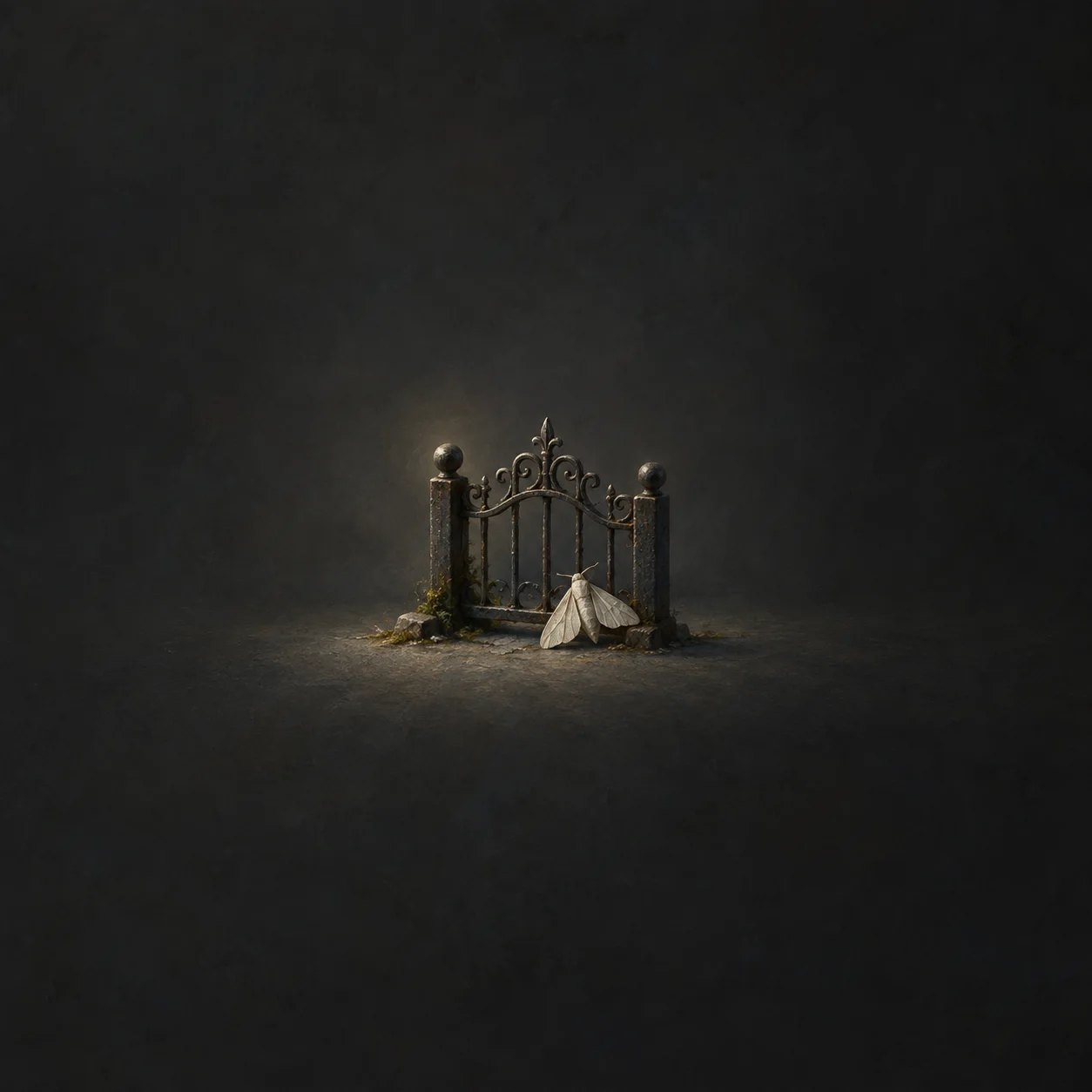 A small white paper moth rests at the foot of an ornate dark iron gate against a charcoal background.