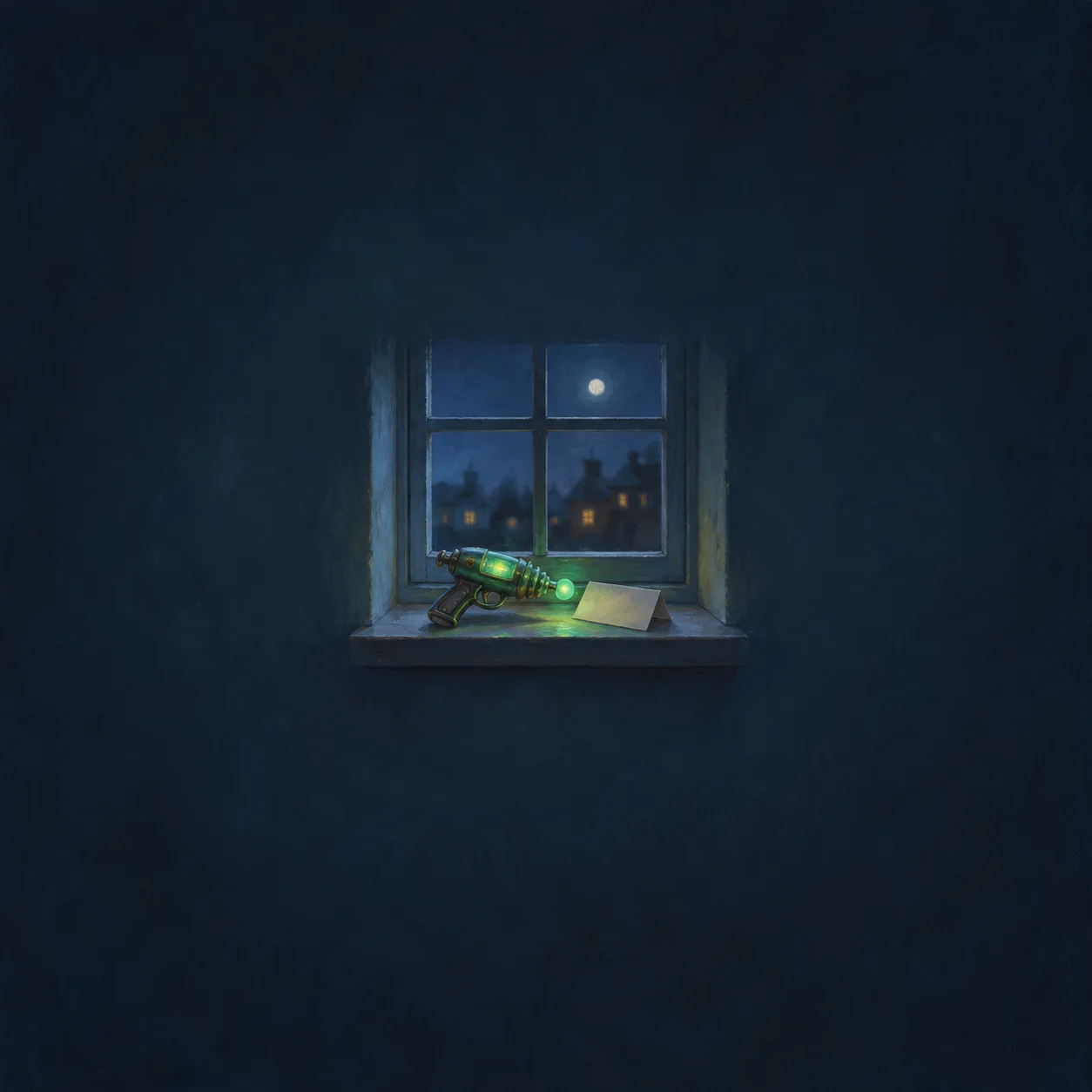 A green-glowing toy ray gun and blank folded paper rest on a small moonlit window ledge.