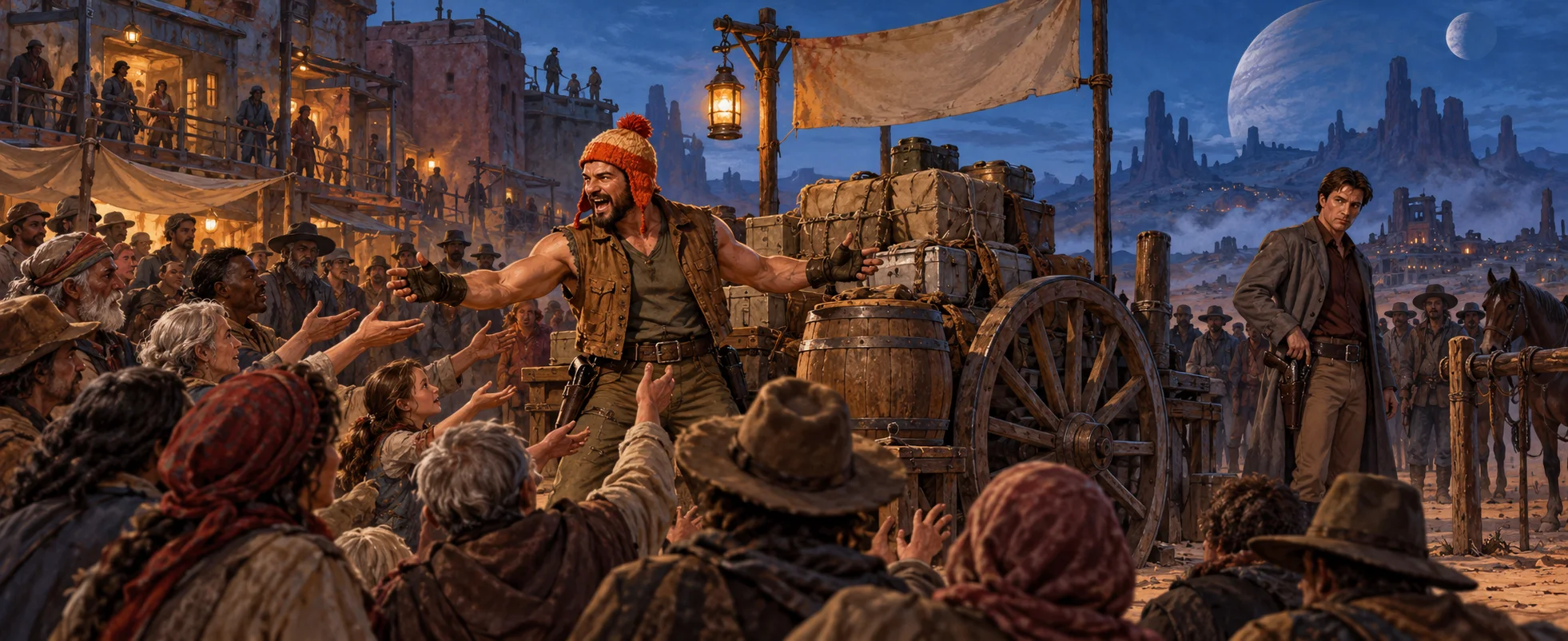 A burly man in a knitted orange hat tosses goods from a cart to a cheering crowd of frontier townsfolk at dusk.