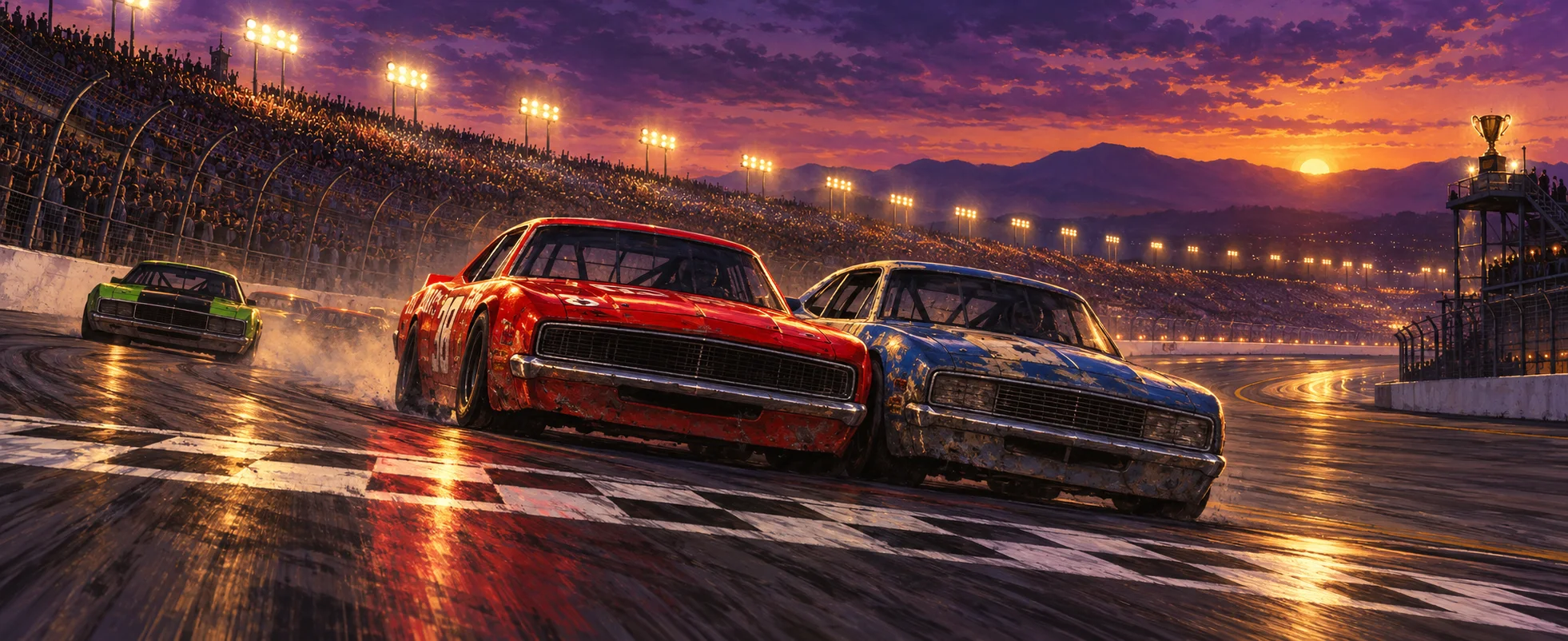 Battered stock cars race wheel to wheel across a checkered finish line under stadium lights at dusk.
