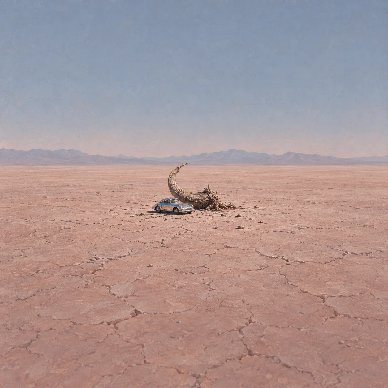 A miniature silver car sits beside a curled dry root on a cracked desert plain.