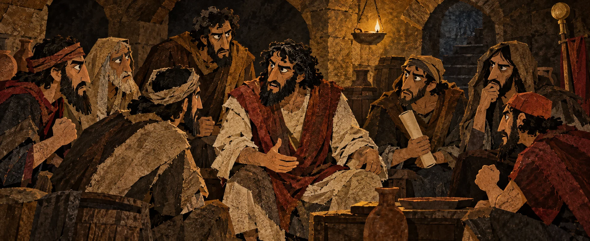 Bearded rebels in grubby robes argue in a circle in a dim stone cellar, one holding a rolled scroll.