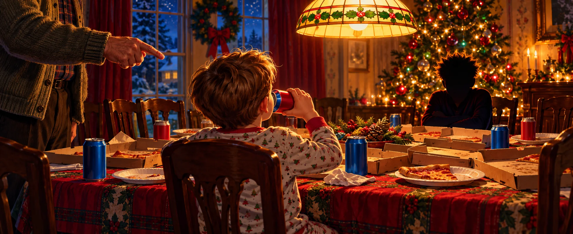 A crowded family dinner table full of pizza boxes and soda cans as a boy gulps a drink and an adult points at him.