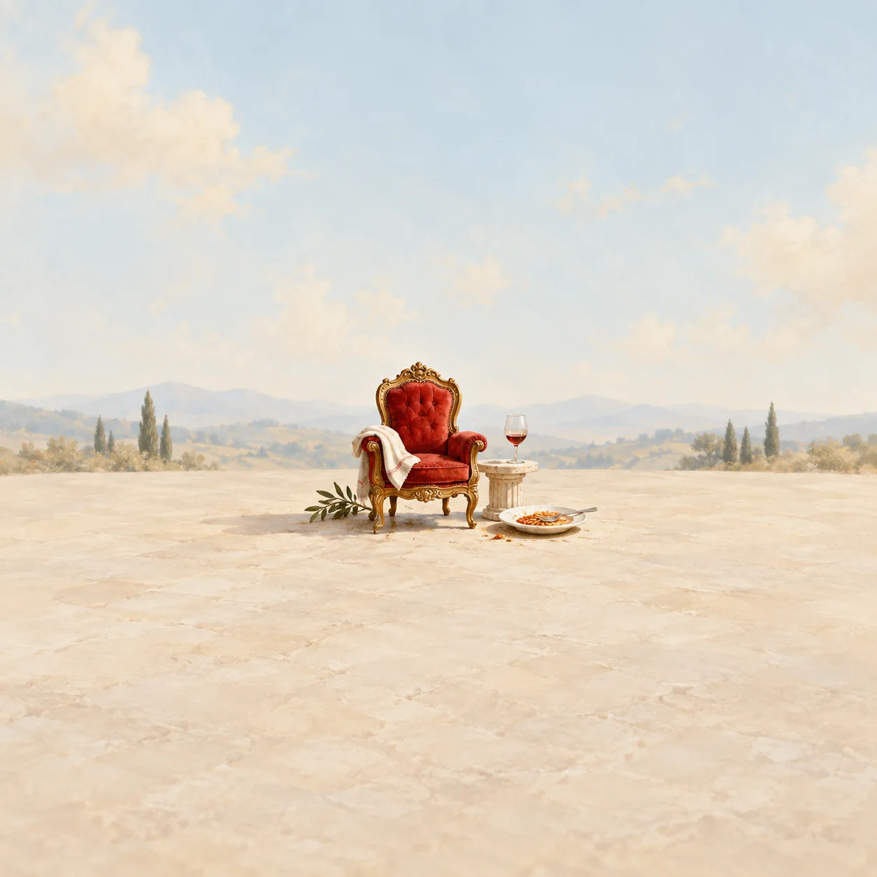An empty armchair with a napkin and a half-eaten plate of pasta and a glass beside it.