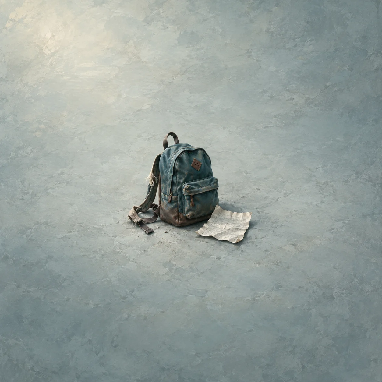 Painterly worn teal backpack with a frayed strap beside crumpled paper on pale concrete.