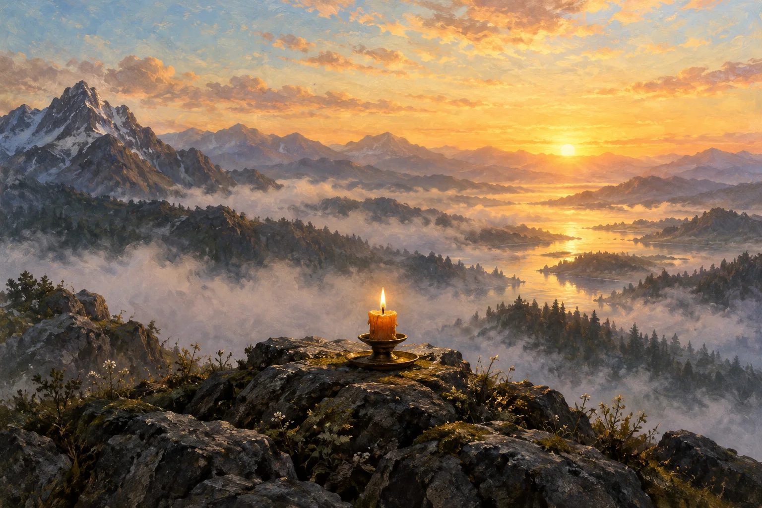 A nearly spent candle burns on a bronze holder above a valley brightening with sunrise.