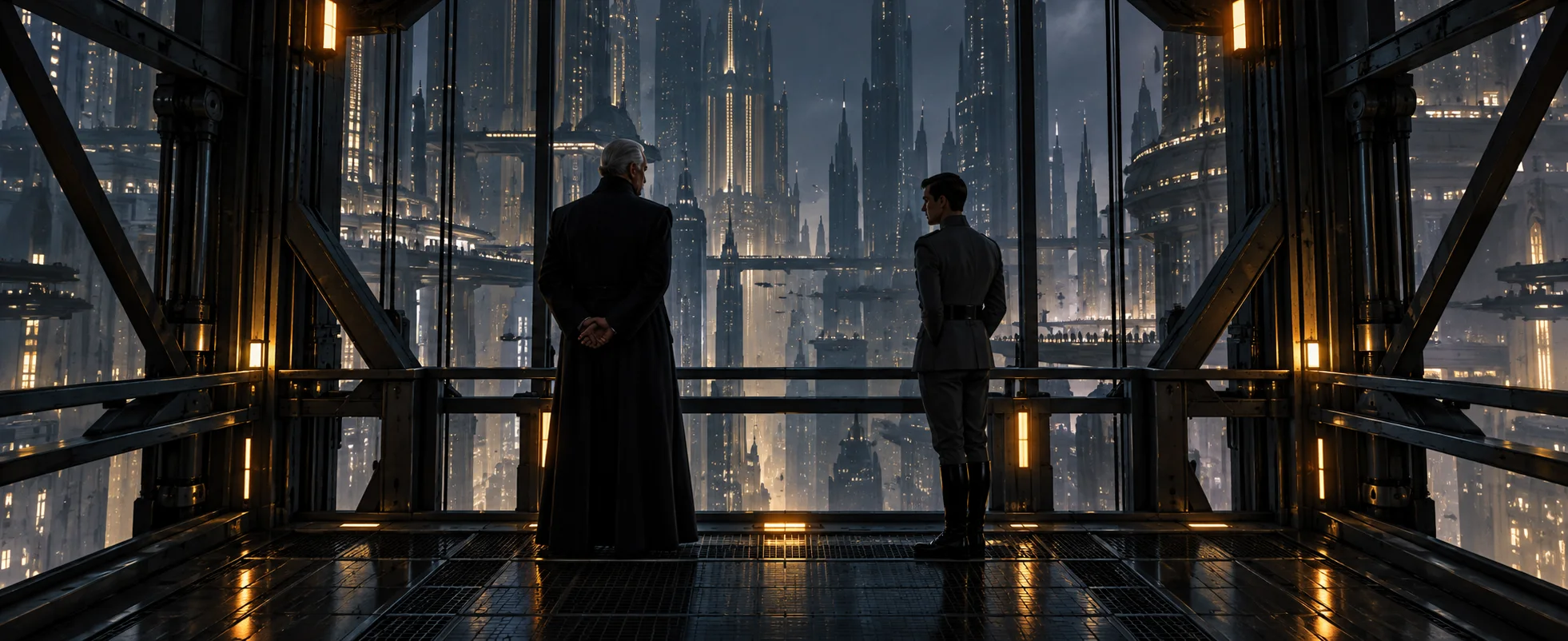 Two men stand apart in a vast descending open lift inside a Coruscant tower at night, city lights sliding past the girders.