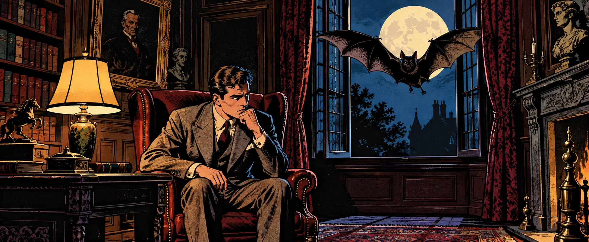 Golden Age comic illustration: a worried man in a tweed suit sits in a red leather armchair in a lamplit study, chin on fist, as a large bat with spread wings flies in through a tall moonlit window.