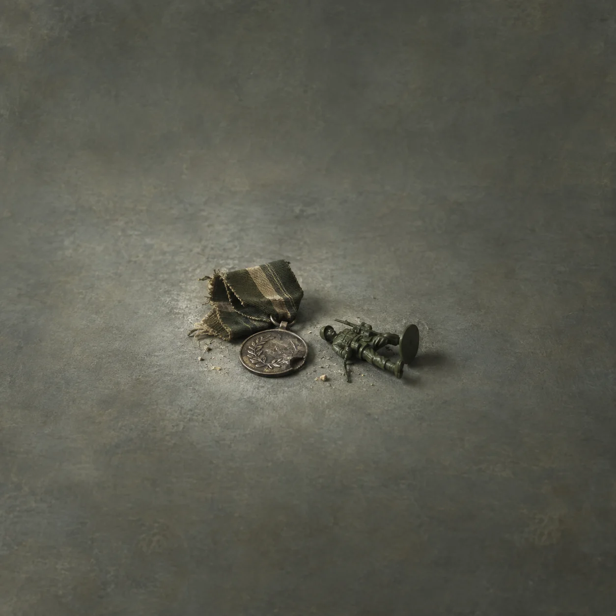 Painterly tarnished medal on a frayed ribbon beside a fallen toy soldier.