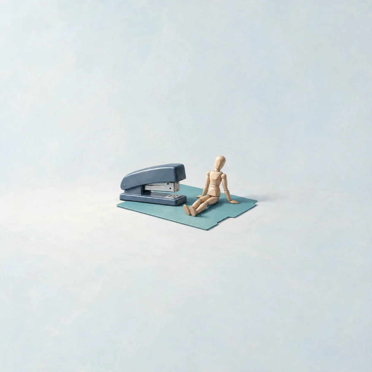 A slate-blue stapler beside a seated wooden artist mannequin on a teal folder against a pale blue background.