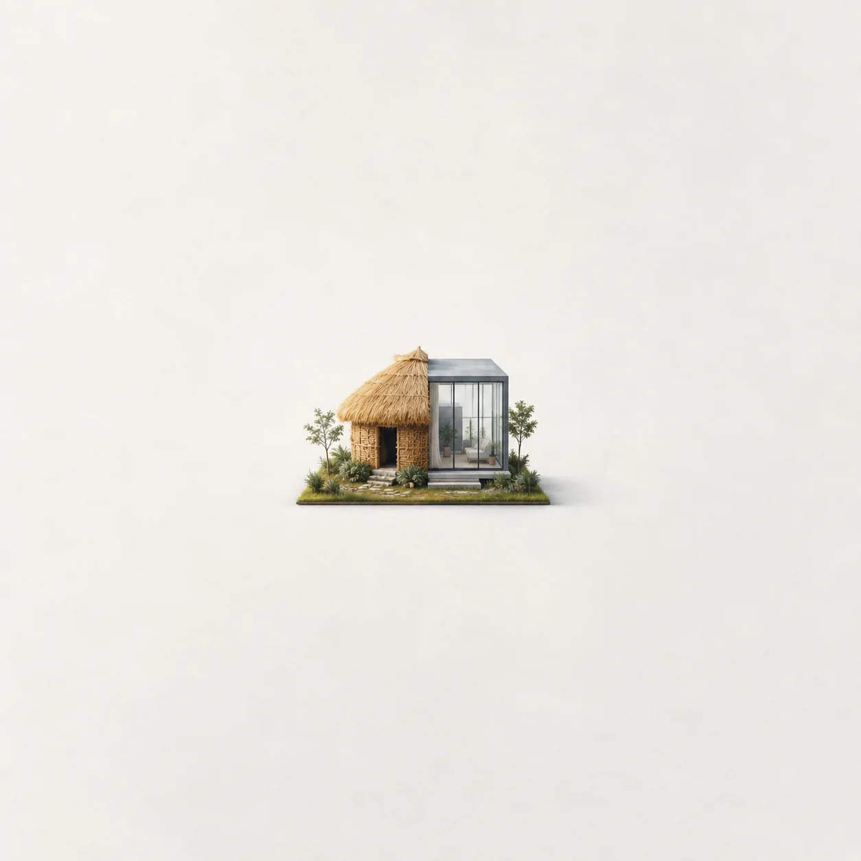 A miniature building combines a straw-roofed hut with a modern glass-and-metal structure on one planted base.