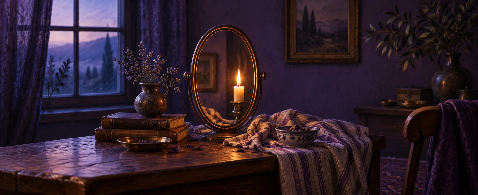 A small oval mirror reflects a warm candle beside a draped striped cloth in a quiet violet room.