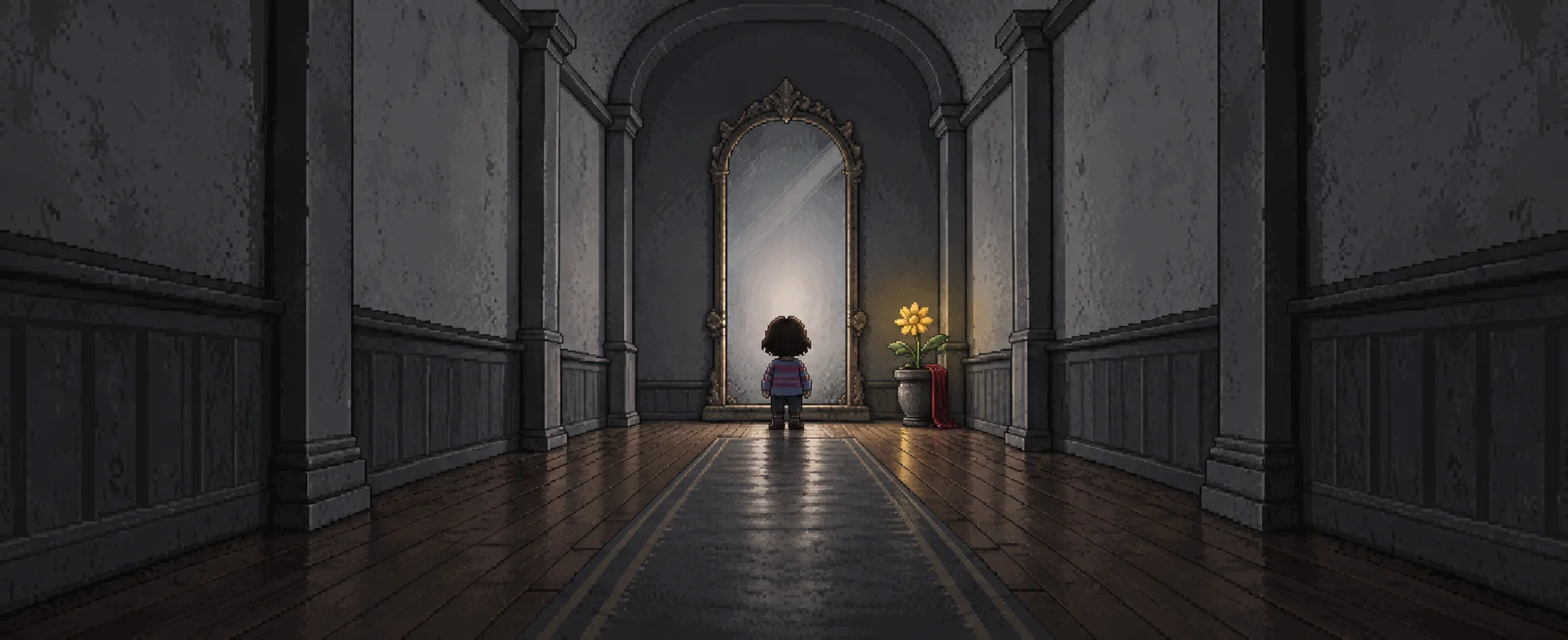 A small child stands alone at the end of a long grey hallway, facing a tall mirror beside a golden flower.