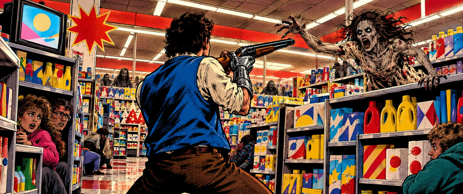 A store clerk in a blue vest with a metal hand levels a shotgun at a snarling deadite lunging over the shelves of a bright discount store as shoppers cower.