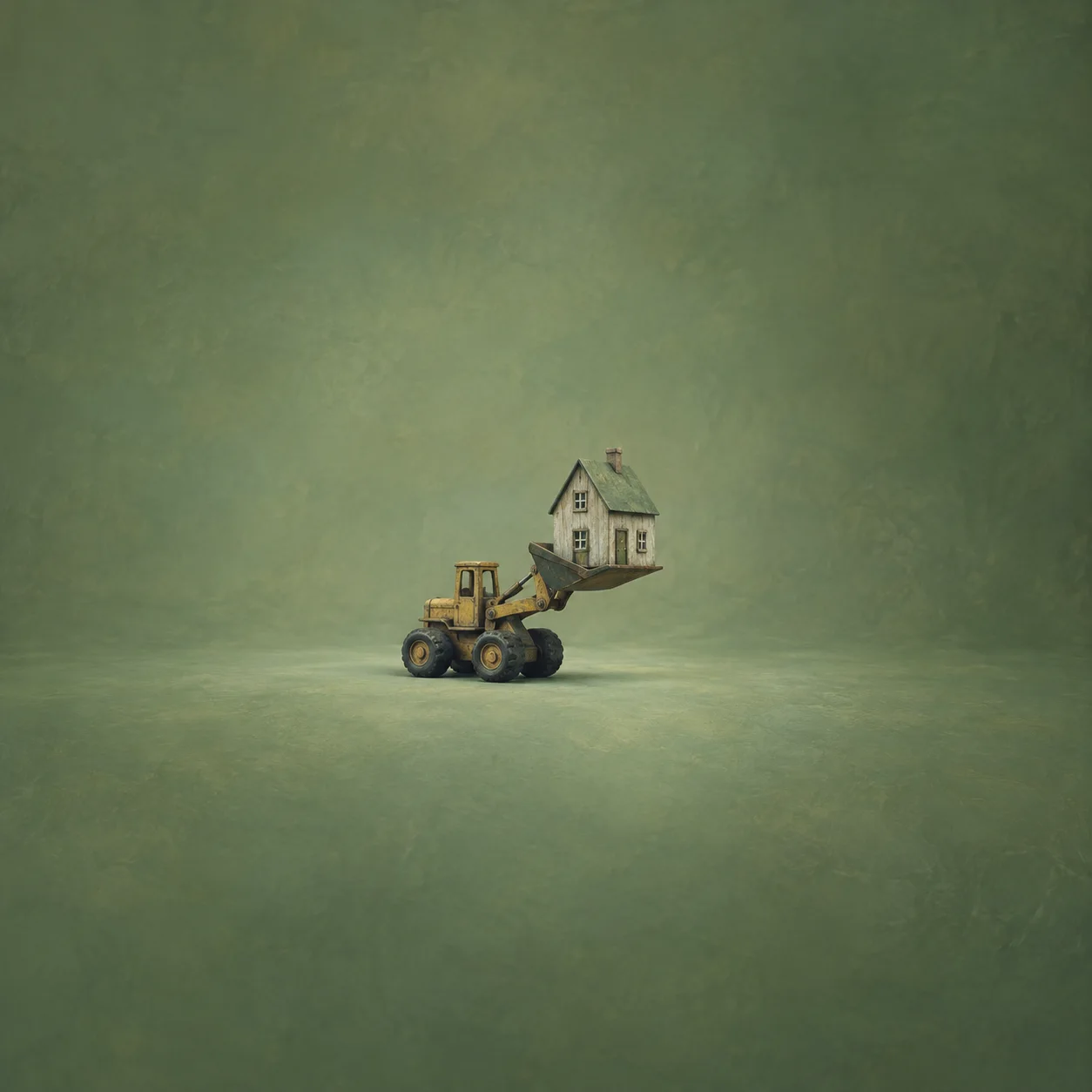 A toy front loader holds a tiny house in its raised bucket against a muted green background.