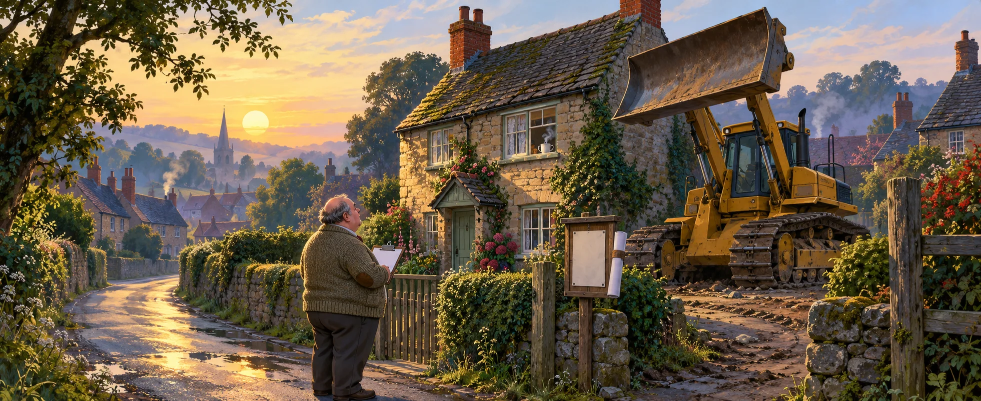 A council official with a clipboard stands by a yellow bulldozer outside a country cottage at dawn.