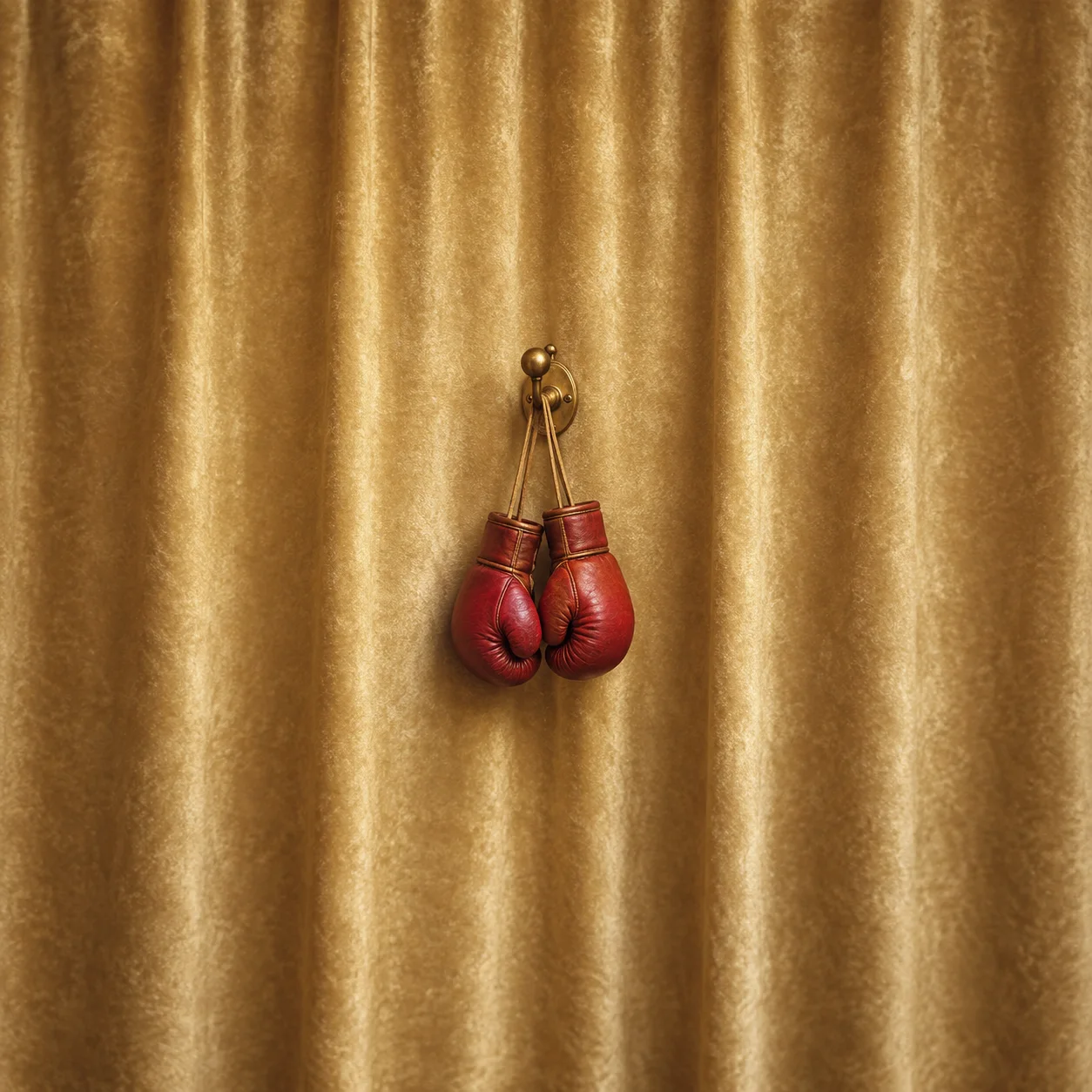 A pair of small red boxing gloves hanging from a brass hook in front of a gold curtain.