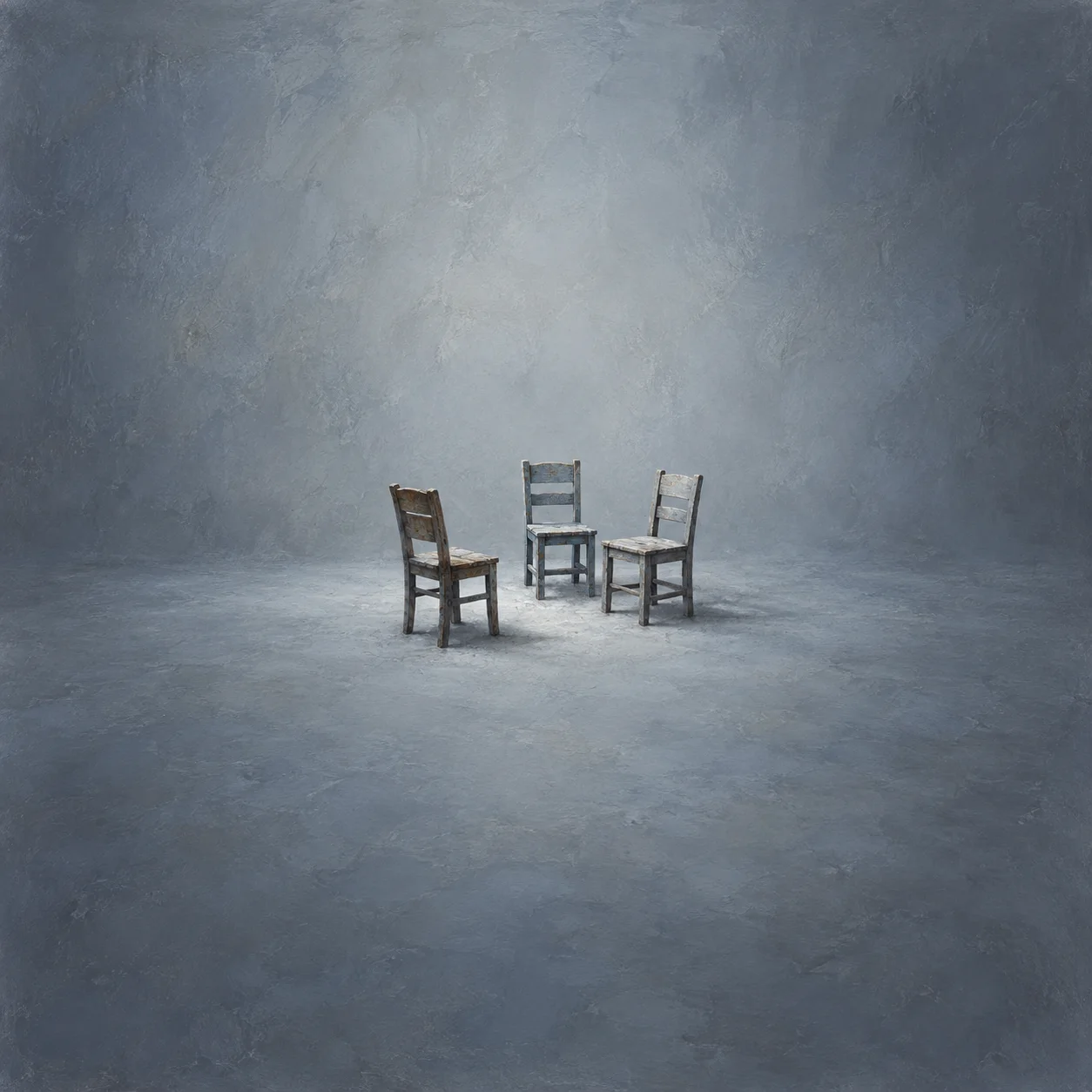 Painterly three empty wooden chairs arranged on a grey floor against a bare wall.