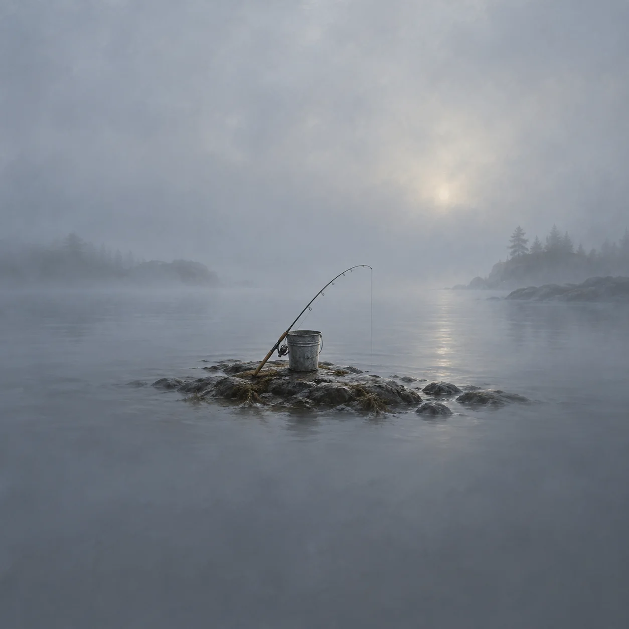 Painterly fishing rod leaning beside a metal bucket on a small rock beside misty water.