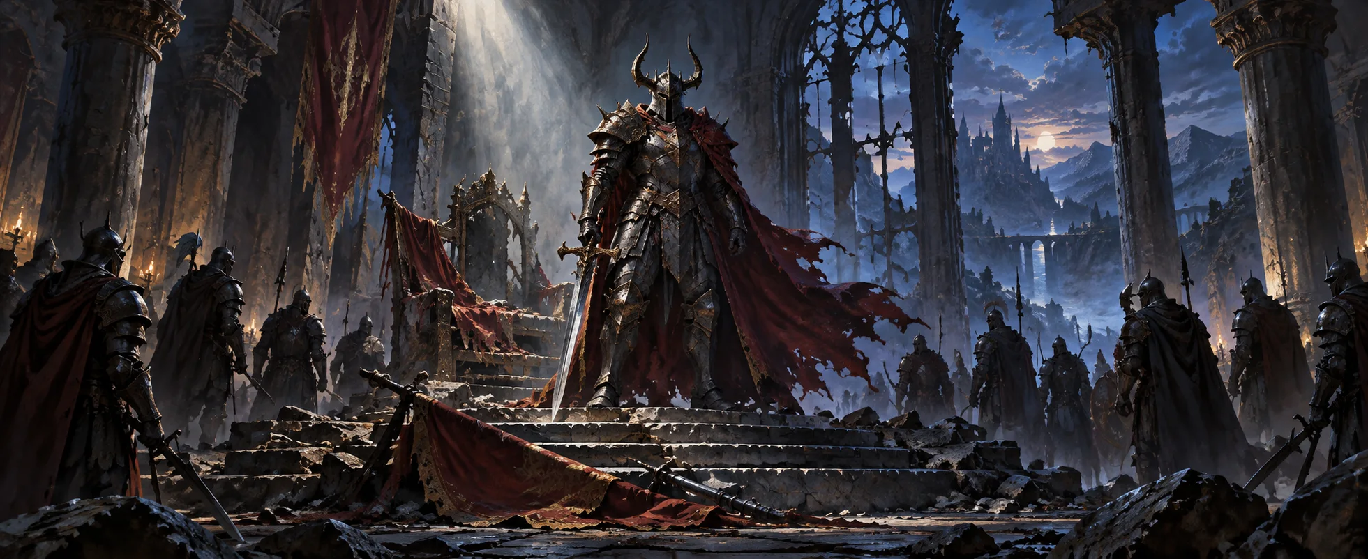 A horned dark knight in a ragged cape stands on the steps of a ruined throne hall among shadowy soldiers.