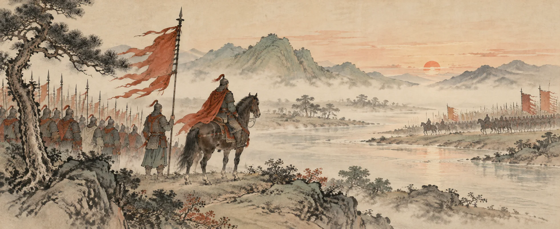 Two armies face each other across a misty river plain at dawn, a general on horseback beneath a red banner, in Chinese ink painting style.